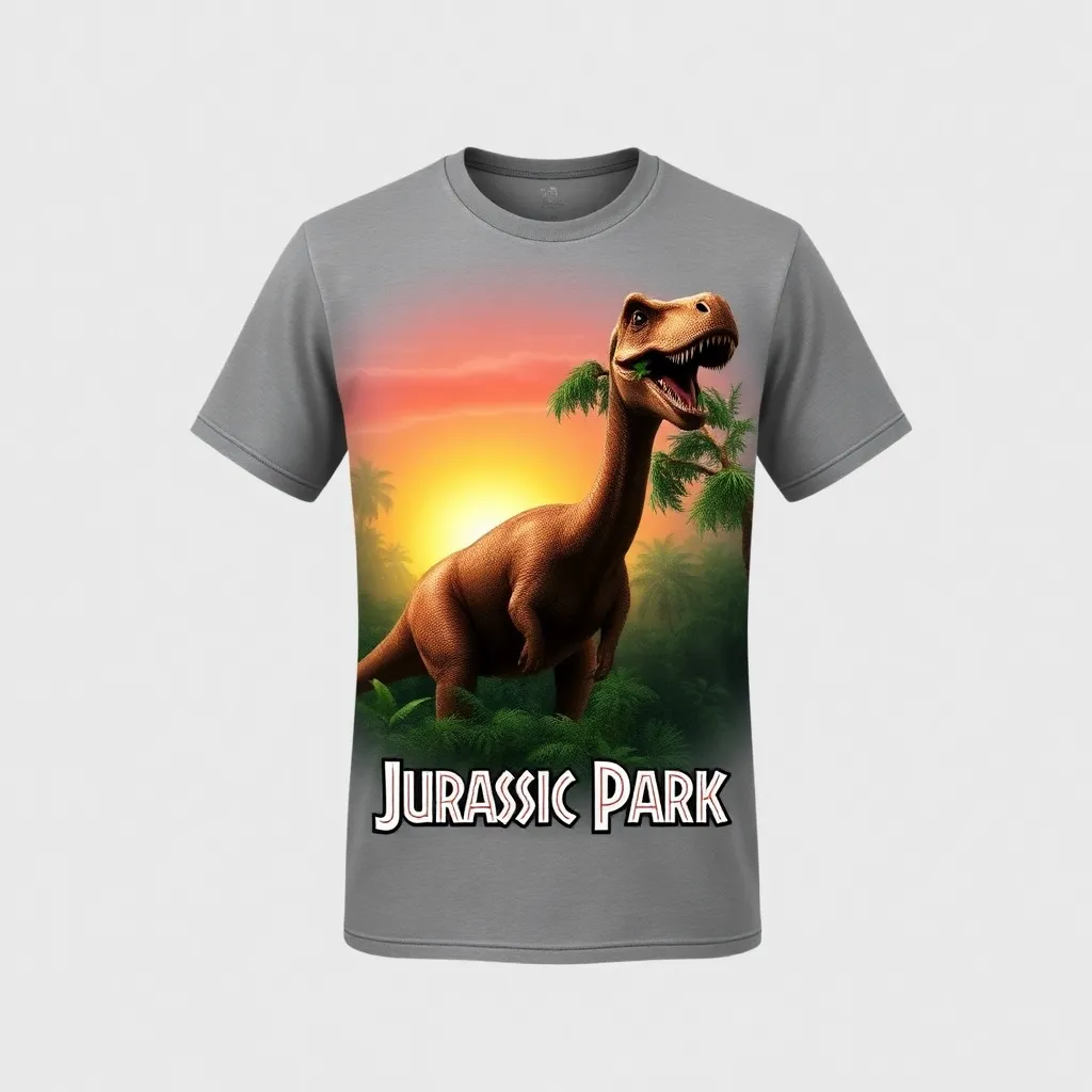 A themed t-shirt with a jurassic park print. Jurassic Park:

't-shirt with a scene featuring a towering brachiosaurus munching on tree leaves, set against a lush jungle background with a soft sunrise illuminating the scene, a t-shirt with short sleeves, static shot, fashion shirt, a shirt set against a solid-colored background, with contrast between background and shirt, on a solid light-gray studio background, realistic shirt concept
