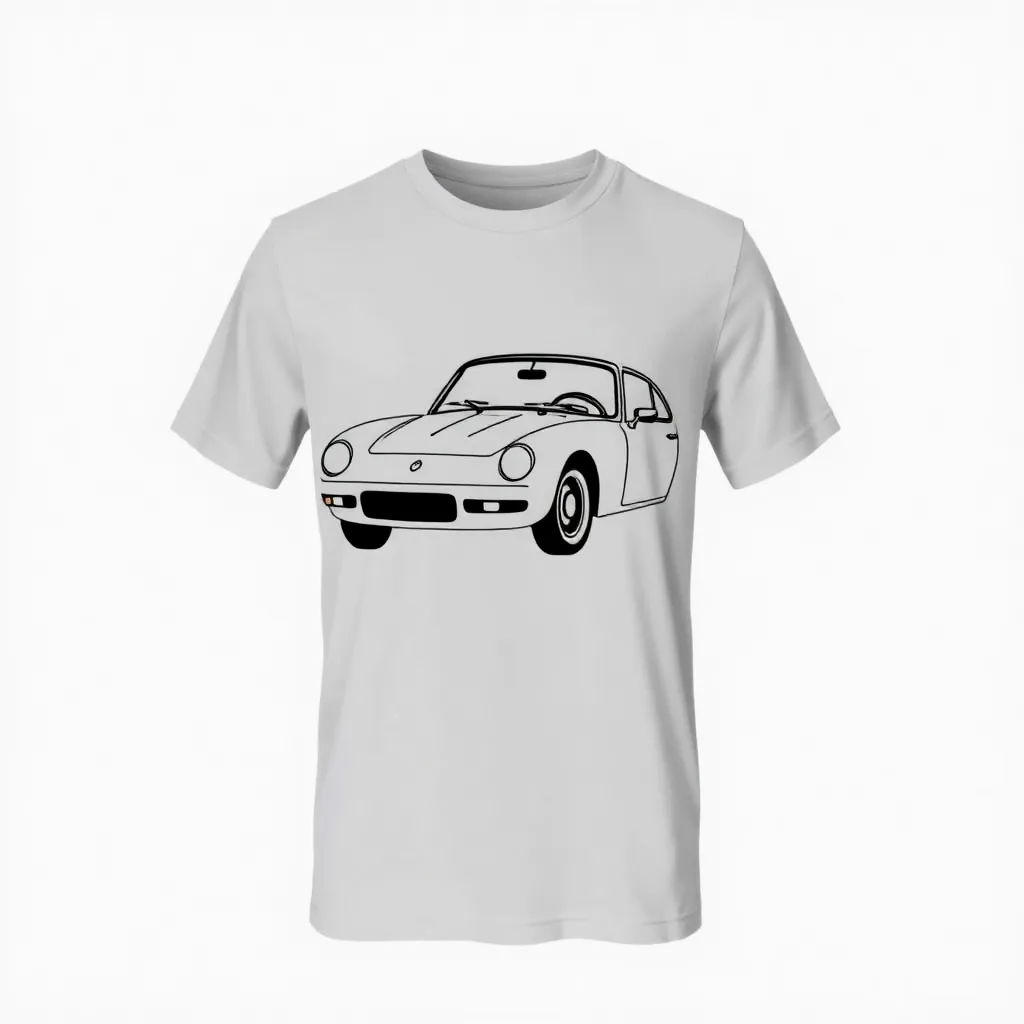 A themed t-shirt with a classic car print. t-shirt with a minimalist outline of a classic car prominently displayed across the chest, using sleek black lines on a soft gray background for a modern yet retro look, a t-shirt with short sleeves, static shot, fashion shirt, a shirt set against a solid-colored background, with contrast between background and shirt, on a solid light-gray studio background, realistic shirt concept