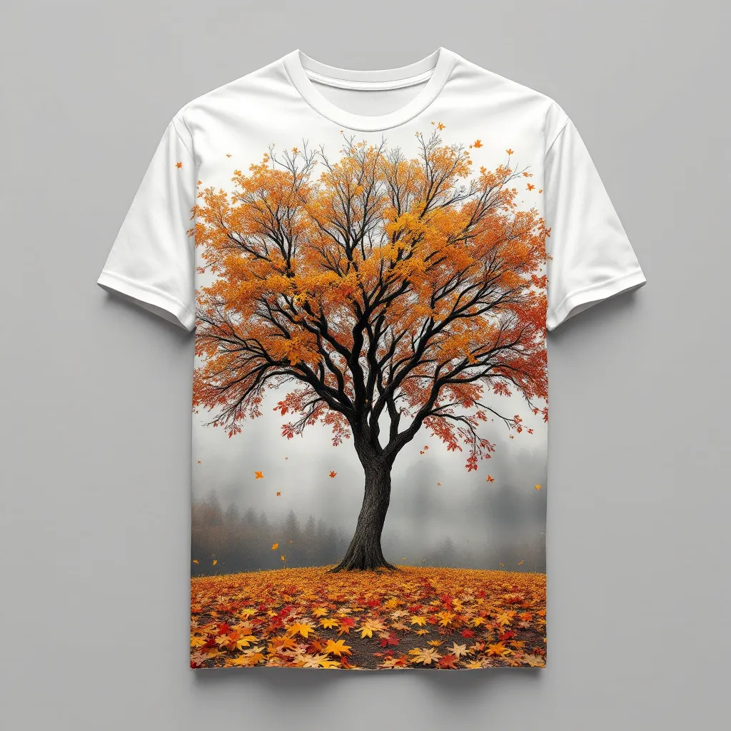 A themed t-shirt with a tree print. t-shirt with an autumn tree shedding leaves, bathed in gold and red, against an overcast sky, capturing the change of seasons, a t-shirt with short sleeves, static shot, fashion shirt, a shirt set against a solid-colored background, with contrast between background and shirt, on a solid light-gray studio background, realistic shirt concept