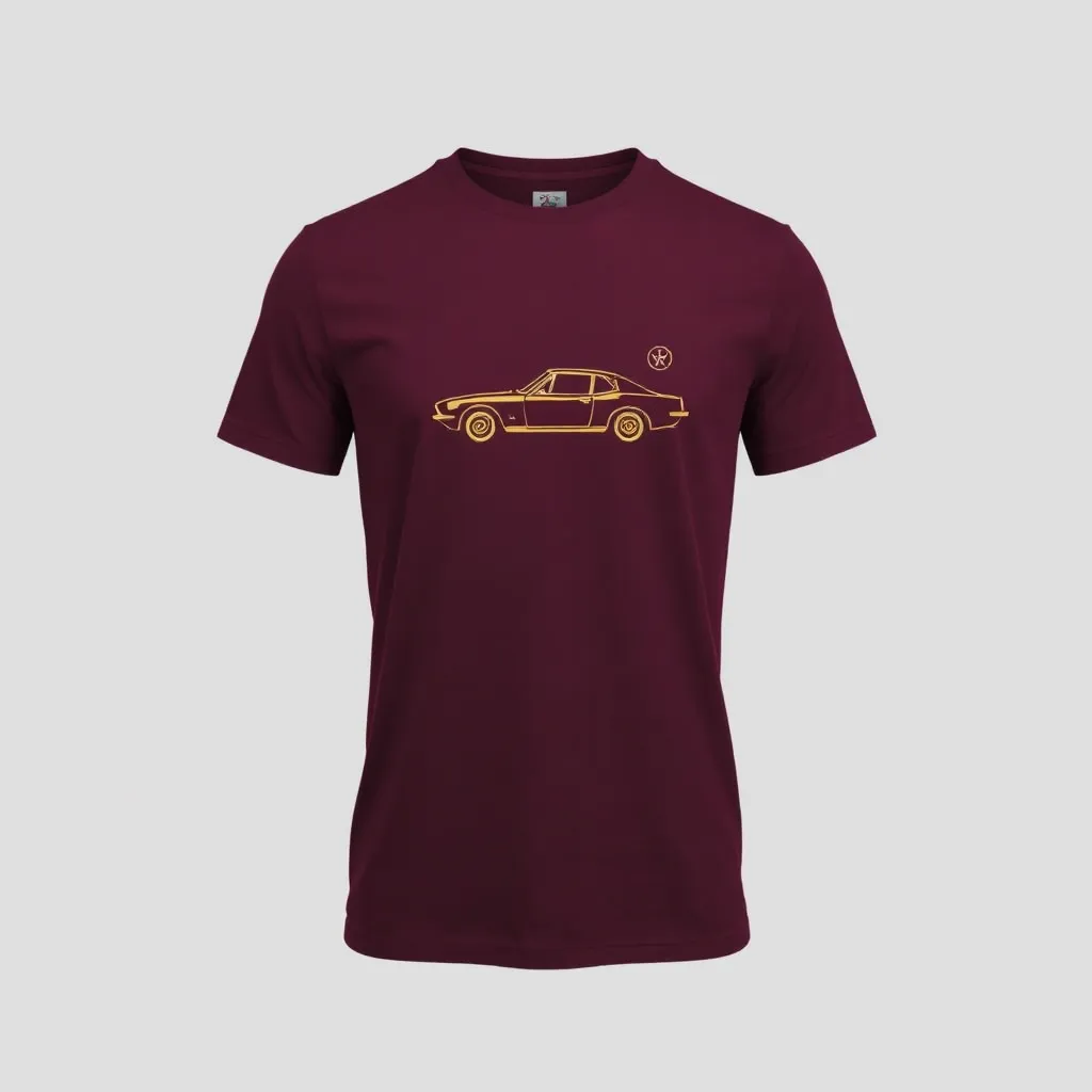 A themed t-shirt with a classic car print. t-shirt with a small, minimalist classic car emblem on the left chest, using metallic gold on a deep burgundy shirt, offering a timeless, sophisticated design, a t-shirt with short sleeves, static shot, fashion shirt, a shirt set against a solid-colored background, with contrast between background and shirt, on a solid light-gray studio background, realistic shirt concept