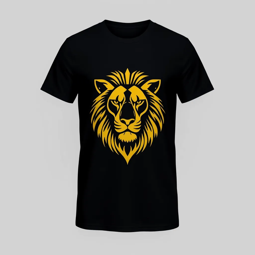a t-shirt with t-shirt with a minimalist lion face, outlined in gold, centered on a black shirt for a striking and regal aesthetic, a t-shirt with short sleeves, static shot, fashion shirt, a shirt set against a solid-colored background, with contrast between background and shirt, on a solid light-gray studio background, realistic shirt concept