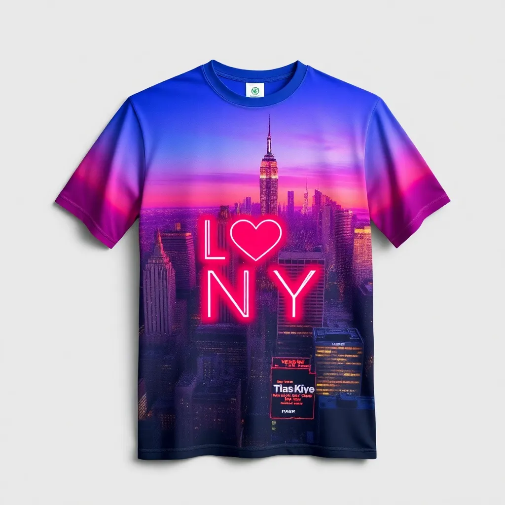 a t-shirt with t-shirt with a colorful cityscape of New York with "I Love NY" in neon lights in the foreground, capturing the vibrant energy of the city that never sleeps, a t-shirt with short sleeves, static shot, fashion shirt, a shirt set against a solid-colored background, with contrast between background and shirt, on a solid light-gray studio background, realistic shirt concept