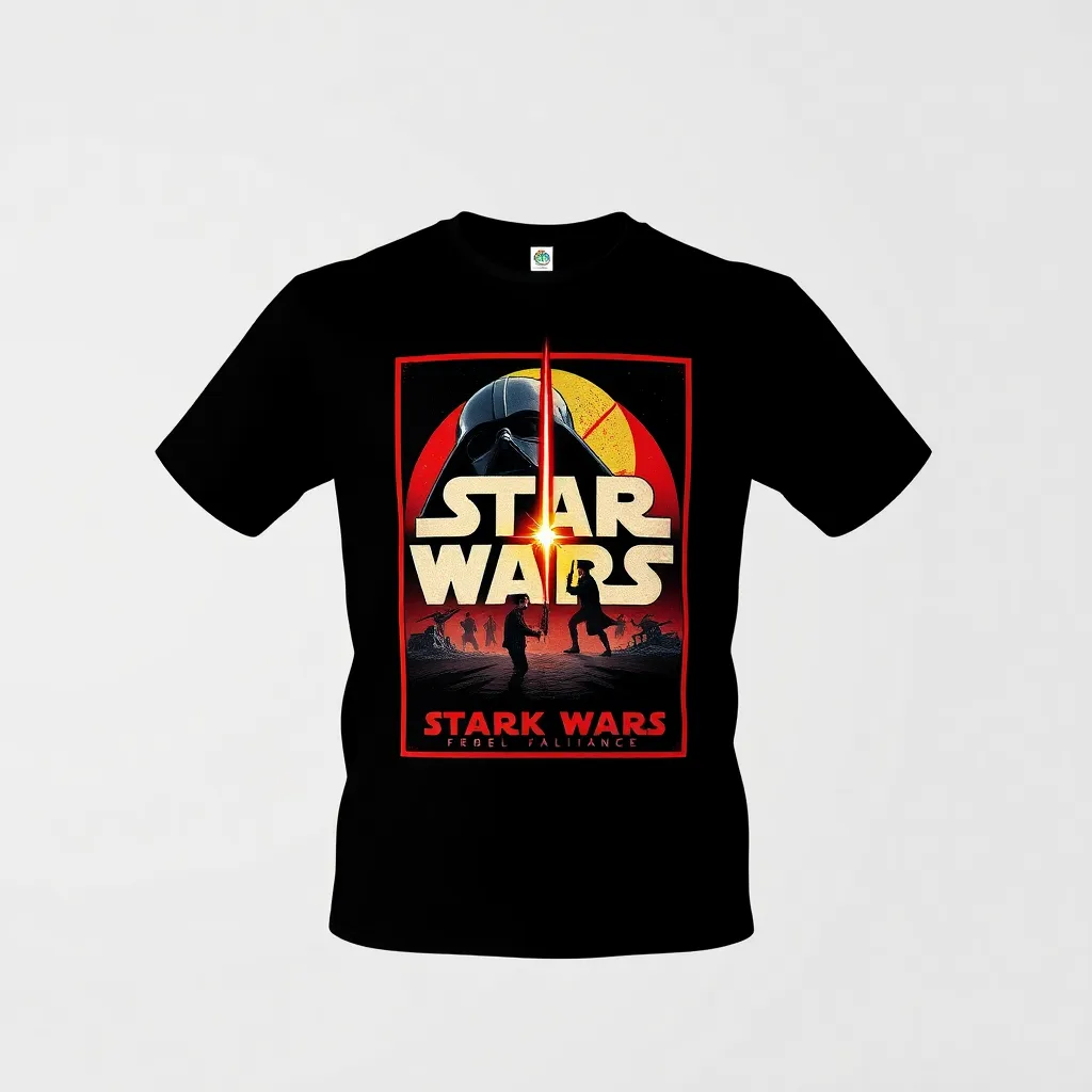 A themed t-shirt with a star wars print. t-shirt with a vintage poster style depicting the epic confrontation between the Rebel Alliance and Galactic Empire, using retro colors and typography for a nostalgic feel, a t-shirt with short sleeves, static shot, fashion shirt, a shirt set against a solid-colored background, with contrast between background and shirt, on a solid light-gray studio background, realistic shirt concept