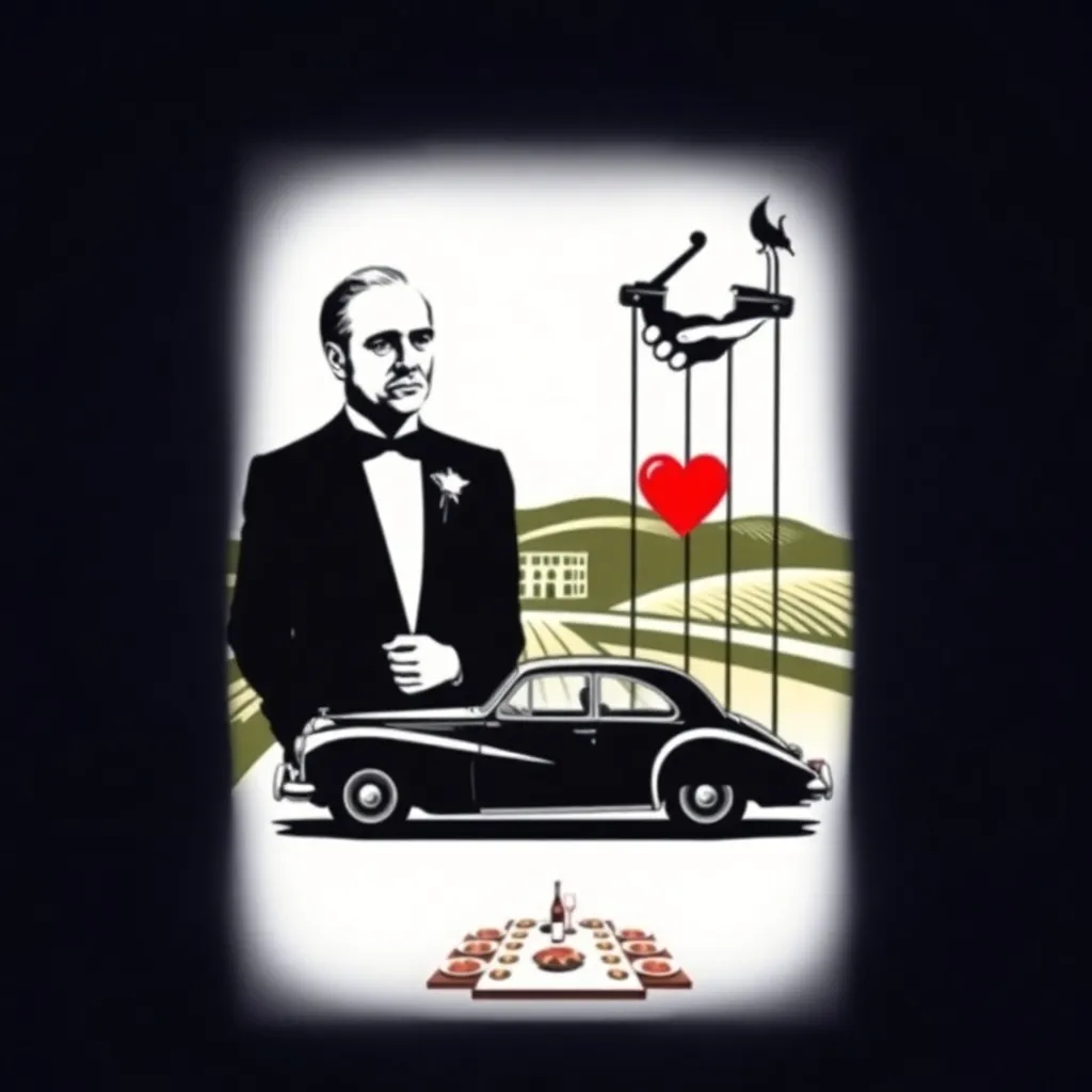 A themed t-shirt with a the godfather print. ``` 
't-shirt with a portrait of Don Vito Corleone in his iconic tuxedo, capturing a sense of power and authority, with a black and white color palette for a classic film noir look', 
't-shirt with a minimalist design featuring the outline of a vintage Italian car parked in front of a Sicilian villa, set against a clean white background for a retro feel', 
't-shirt with a scene from an Italian countryside vineyard, with grapevines and rolling hills, in rich greens and deep wine reds to evoke a sense of tradition and heritage', 
't-shirt with a silhouette of a hand holding a puppet's strings, representing the control theme of the "Godfather," positioned over the heart on a dark navy shirt for subtle storytelling', 
't-shirt with a classic family dinner scene, showcasing a long table filled with Italian dishes, with warm earth tones to reflect the family and camaraderie', 
't-shirt with a company uniform featuring a small, elegant "The Godfather" film logo embroidered on the left chest, against a solid black shirt for a professional look', 
't-shirt with a vibrant Little Italy street festival scene, with strings of lights, colorful market stalls, and bustling crowds, illuminated with soft yellows and reds', 
't-shirt with a minimalist Sicily landscape with olive trees and the silhouette of Mount Etna, in muted earth tones on a crisp white shirt for understated elegance', 
't-shirt with a dramatic night scene from the baptism montage, featuring candles and shadows in high contrast, capturing the film's tension and drama', 
't-shirt with a design of an old-school rotary phone centered in black against a simple white background, alluding to the silent communications of the "Godfather"', 
't-shirt with a subtle pattern incorporating iconic imagery like fedoras, cigars, and Sicilian motifs, in grayscale for a sophisticated design', 
't-shirt with a serene Sicilian coastal scene at sunset, with warm oranges and pinks reflecting off the Mediterranean Sea, adding a nostalgic and peaceful mood' 
```, a t-shirt with short sleeves, static shot, fashion shirt, a shirt set against a solid-colored background, with contrast between background and shirt, on a solid light-gray studio background, realistic shirt concept