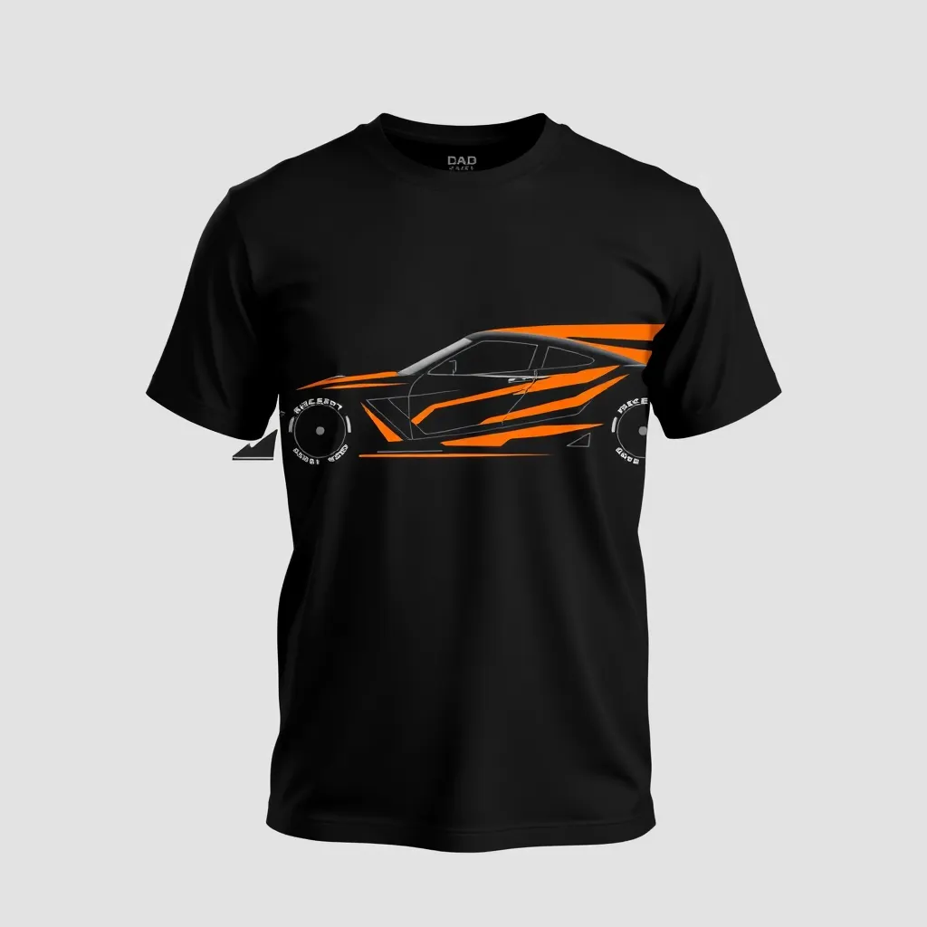 A themed t-shirt with a race car print. t-shirt with a geometric race car rendered in sharp angular lines with neon orange accents, set against a black background for a bold, modern look, a t-shirt with short sleeves, static shot, fashion shirt, a shirt set against a solid-colored background, with contrast between background and shirt, on a solid light-gray studio background, realistic shirt concept