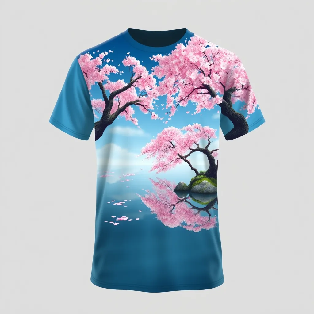 a t-shirt with t-shirt with a calming anime scene by a riverside, with detailed cherry blossom trees and serene water reflecting the pink petals, embodying peace and nature, a t-shirt with short sleeves, static shot, fashion shirt, a shirt set against a solid-colored background, with contrast between background and shirt, on a solid light-gray studio background, realistic shirt concept