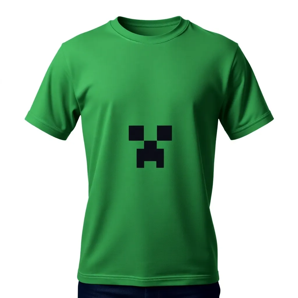 A themed t-shirt with a minecraft print. t-shirt with a minimalist design of a Minecraft Creeper face, centered on a solid green shirt, highlighting the simplicity and mystery of the character, a t-shirt with short sleeves, static shot, fashion shirt, a shirt set against a solid-colored background, with contrast between background and shirt, on a solid light-gray studio background, realistic shirt concept