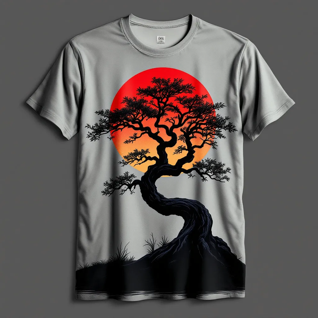 A themed t-shirt with a tree print. t-shirt with a dramatic bonsai tree in silhouette, its twisted branches and small leaves stark against a red-orange setting sun, a t-shirt with short sleeves, static shot, fashion shirt, a shirt set against a solid-colored background, with contrast between background and shirt, on a solid light-gray studio background, realistic shirt concept