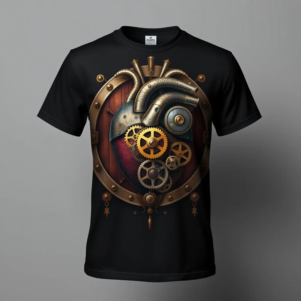 a t-shirt with t-shirt with a Victorian-era clockwork heart with intricate gears and cogs, set against a dark brown and brass background for a true steampunk aesthetic, a t-shirt with short sleeves, static shot, fashion shirt, a shirt set against a solid-colored background, with contrast between background and shirt, on a solid light-gray studio background, realistic shirt concept