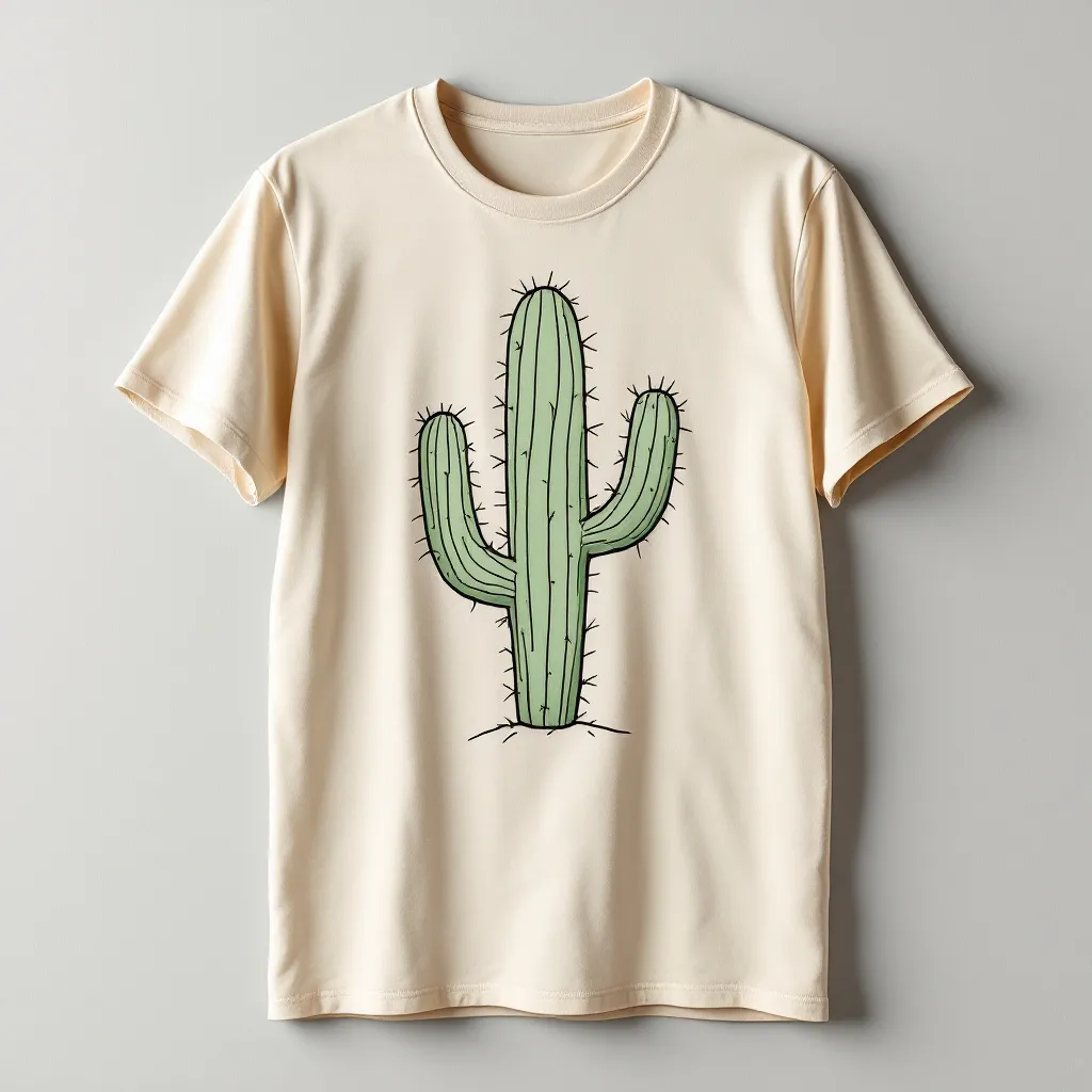 A themed t-shirt with a cactus print. t-shirt with a simplistic line drawing of a cactus, with soft green shades on a beige shirt, capturing a rustic and earthy aesthetic, a t-shirt with short sleeves, static shot, fashion shirt, a shirt set against a solid-colored background, with contrast between background and shirt, on a solid light-gray studio background, realistic shirt concept
