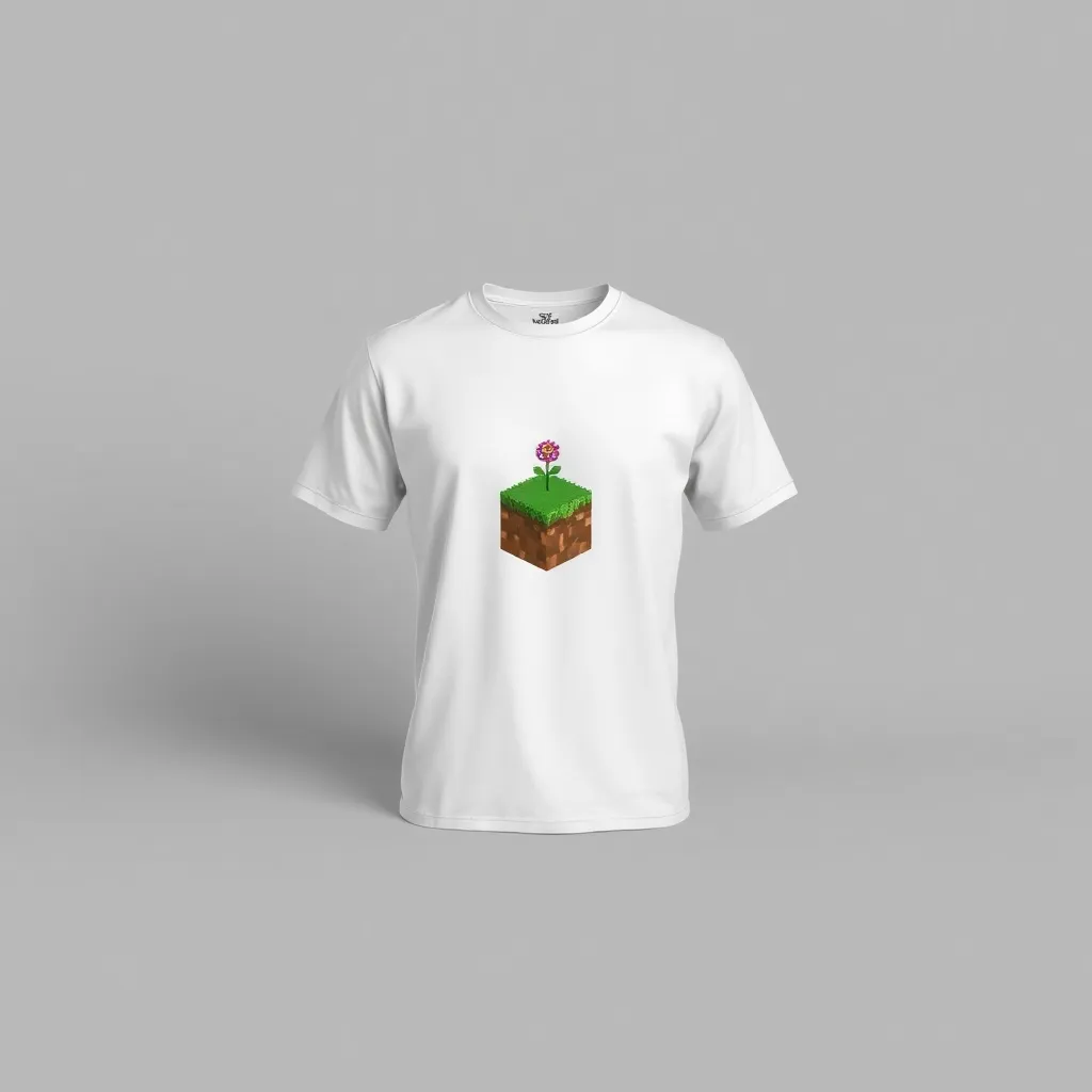A themed t-shirt with a minecraft print. t-shirt with a minimalist Cube World design featuring a single grass block with a flower, floating in the center of a white or light gray shirt for simplicity, a t-shirt with short sleeves, static shot, fashion shirt, a shirt set against a solid-colored background, with contrast between background and shirt, on a solid light-gray studio background, realistic shirt concept