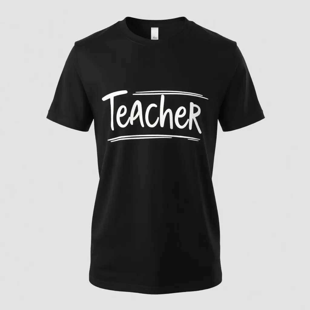 a t-shirt with teacher themed print, a t-shirt with short sleeves, static shot, fashion shirt, a shirt set against a solid-colored background, with contrast between background and shirt, on a solid light-gray studio background, realistic shirt concept