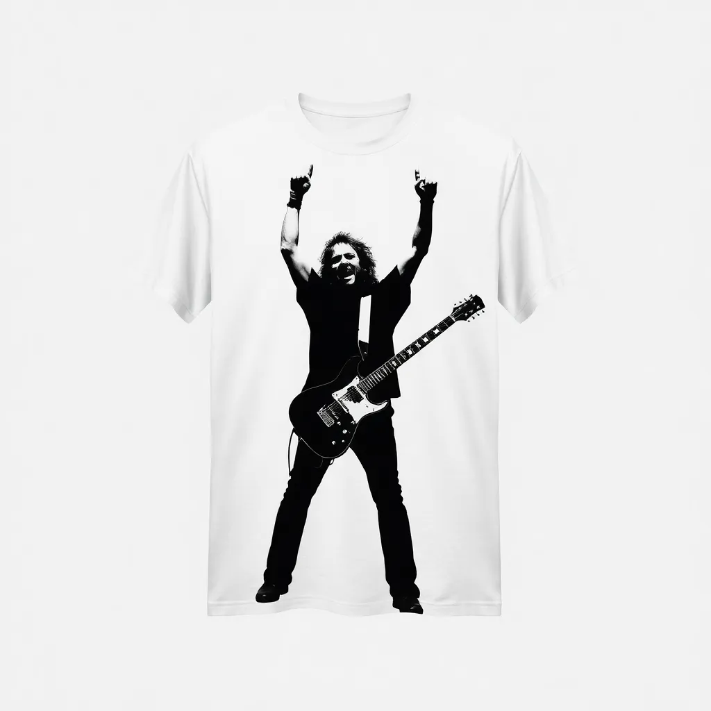 a t-shirt with t-shirt with a silhouette of James Hetfield in action, guitar raised high, using a monochrome black-and-white palette for a dramatic and iconic feel, a t-shirt with short sleeves, static shot, fashion shirt, a shirt set against a solid-colored background, with contrast between background and shirt, on a solid light-gray studio background, realistic shirt concept
