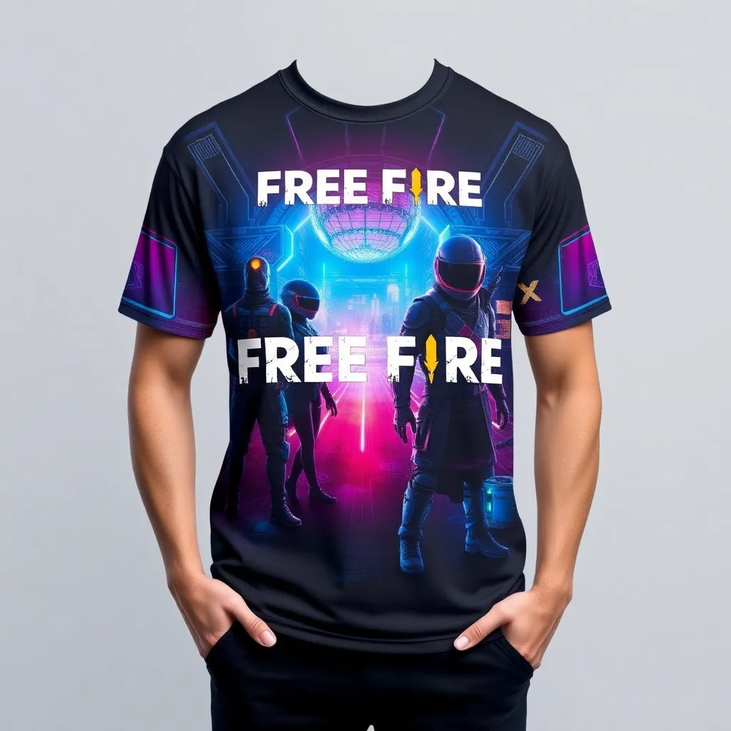 A themed t-shirt with a free fire print. t-shirt with a futuristic vision of "Free Fire," with characters in advanced armor and glowing tech gear, set against a backdrop of a neon-lit, virtual world'
```, a t-shirt with short sleeves, static shot, fashion shirt, a shirt set against a solid-colored background, with contrast between background and shirt, on a solid light-gray studio background, realistic shirt concept