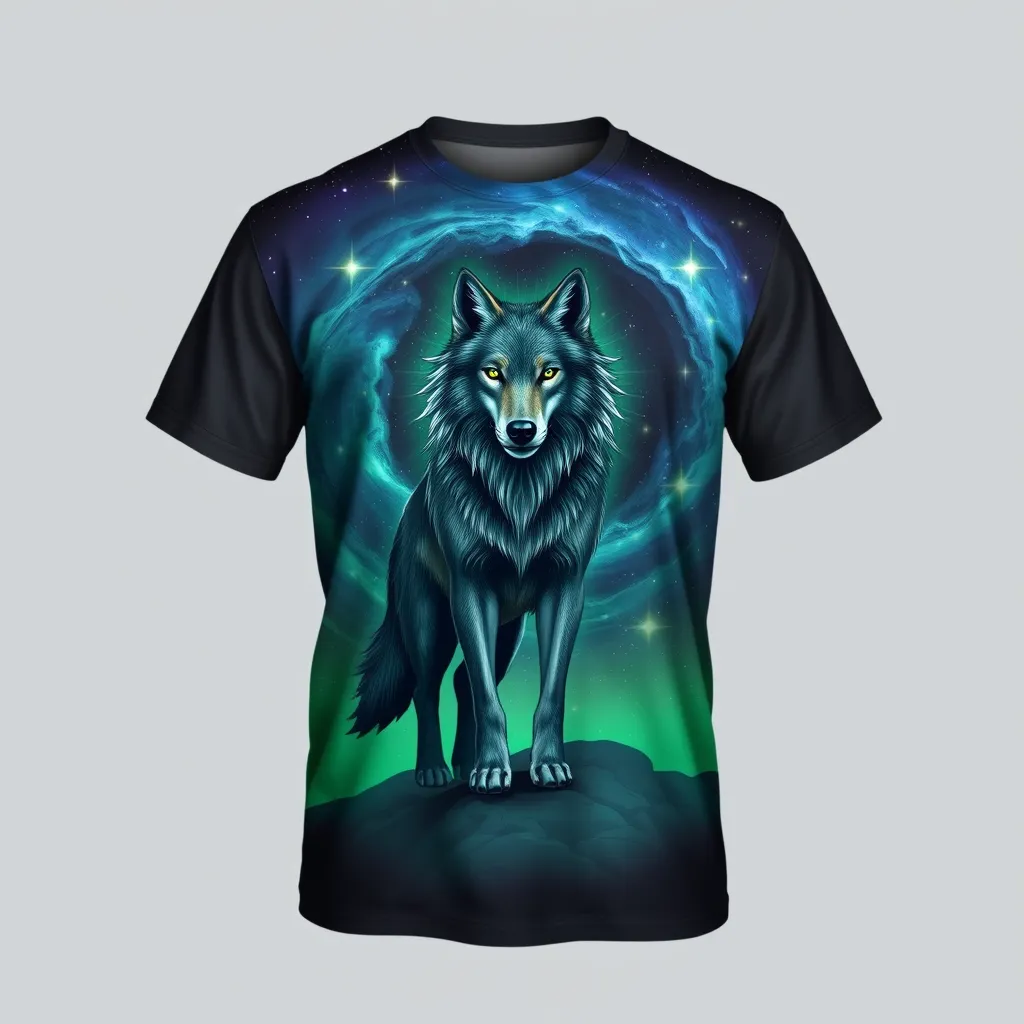 a t-shirt with t-shirt with a mystical wolf standing in front of a swirling galaxy, illuminated by greens and blues, with glowing stars in the background for an ethereal effect, a t-shirt with short sleeves, static shot, fashion shirt, a shirt set against a solid-colored background, with contrast between background and shirt, on a solid light-gray studio background, realistic shirt concept