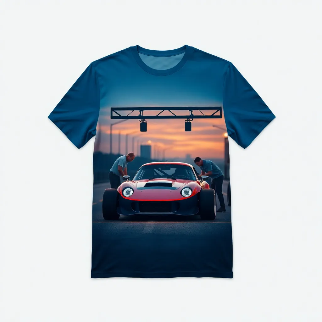 A themed t-shirt with a race car print. t-shirt with a calm pit stop scene, with mechanics working on a car under evening lights, using blue and orange hues for a tranquil and focused mood, a t-shirt with short sleeves, static shot, fashion shirt, a shirt set against a solid-colored background, with contrast between background and shirt, on a solid light-gray studio background, realistic shirt concept