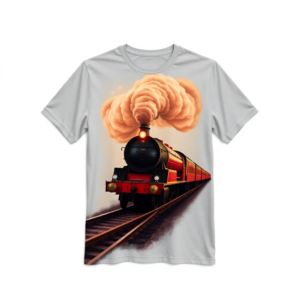 A themed t-shirt with a harry potter print. t-shirt with the iconic Hogwarts Express steaming down the tracks, accompanied by billowing clouds of smoke and rich, warm tones of red and gold, for a nostalgic feel, a t-shirt with short sleeves, static shot, fashion shirt, a shirt set against a solid-colored background, with contrast between background and shirt, on a solid light-gray studio background, realistic shirt concept