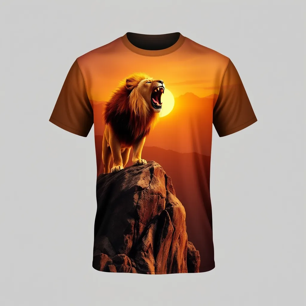 a t-shirt with t-shirt with a majestic lion roaring on a rocky cliff, bathed in the golden light of sunrise, with deep oranges and yellows capturing the scene, a t-shirt with short sleeves, static shot, fashion shirt, a shirt set against a solid-colored background, with contrast between background and shirt, on a solid light-gray studio background, realistic shirt concept