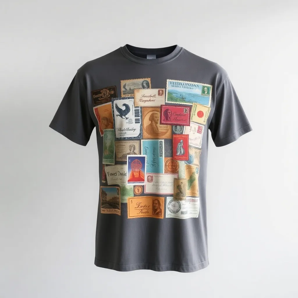 a t-shirt with t-shirt with a stylized collage of vintage postcards, faded stamps, and old-world fonts, arranged in a charming, nostalgic pattern, a t-shirt with short sleeves, static shot, fashion shirt, a shirt set against a solid-colored background, with contrast between background and shirt, on a solid light-gray studio background, realistic shirt concept
