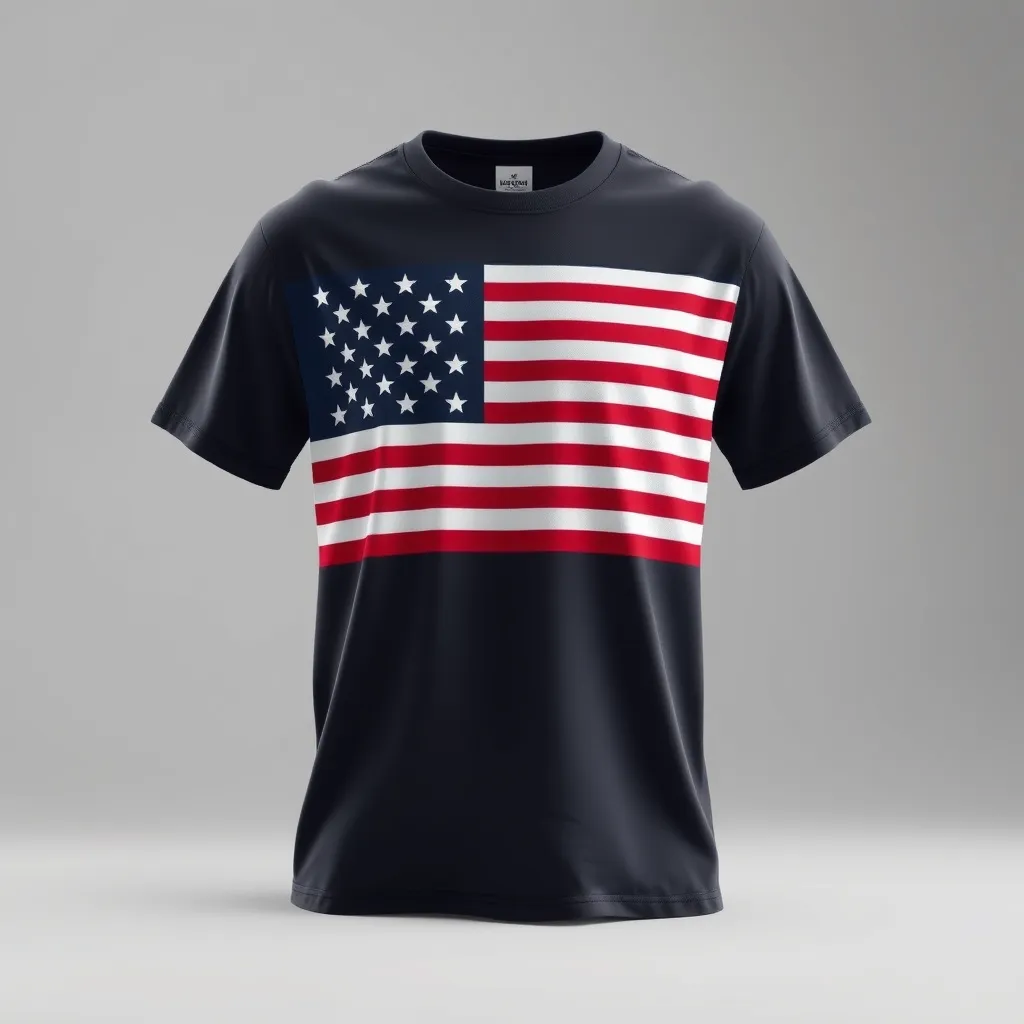 a t-shirt with t-shirt with a large USA flag boldly printed across the chest, with rich and saturated colors, making a strong and vibrant patriotic statement, a t-shirt with short sleeves, static shot, fashion shirt, a shirt set against a solid-colored background, with contrast between background and shirt, on a solid light-gray studio background, realistic shirt concept