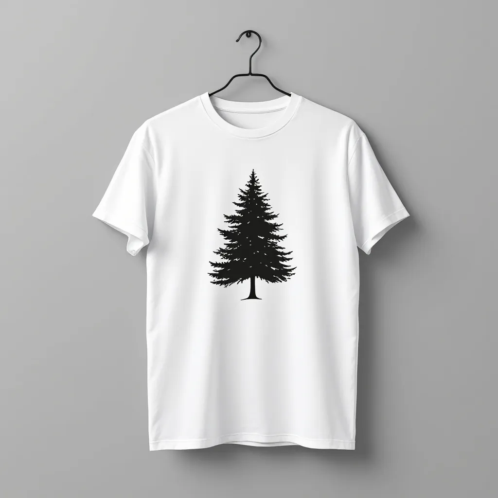 A themed t-shirt with a forest print. t-shirt with a minimalist design of an evergreen tree silhouette, centered in black on a plain white shirt, evoking simplicity and a connection with nature, a t-shirt with short sleeves, static shot, fashion shirt, a shirt set against a solid-colored background, with contrast between background and shirt, on a solid light-gray studio background, realistic shirt concept