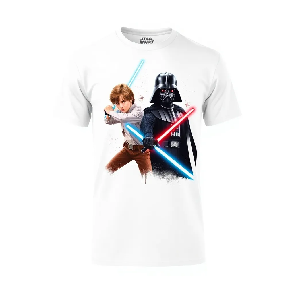 A themed t-shirt with a star wars print. ``` 
't-shirt with iconic Star Wars characters like Luke Skywalker and Darth Vader, illustrated in a dynamic battle pose with light sabers clashing in vibrant red and blue hues, a t-shirt with short sleeves, static shot, fashion shirt, a shirt set against a solid-colored background, with contrast between background and shirt, on a solid light-gray studio background, realistic shirt concept