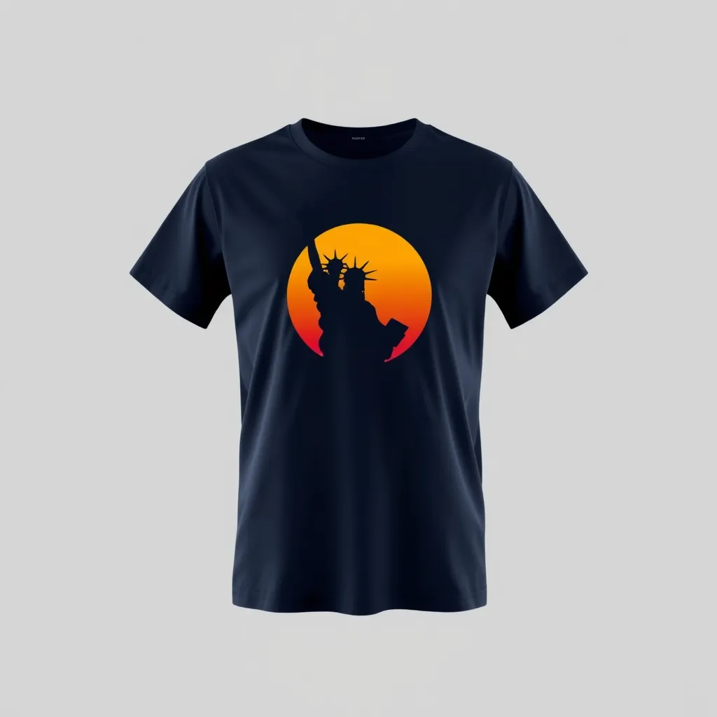 a t-shirt with t-shirt with a silhouette of the Statue of Liberty standing against a setting sun, with warm orange and yellow hues creating a striking contrast against a navy blue shirt, a t-shirt with short sleeves, static shot, fashion shirt, a shirt set against a solid-colored background, with contrast between background and shirt, on a solid light-gray studio background, realistic shirt concept