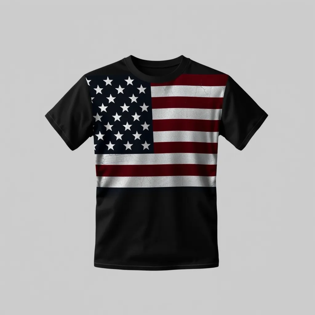 a t-shirt with t-shirt with a close-up detail of the American flag's stars and stripes, focusing on the textures and stitching, set against a solid black or navy background, a t-shirt with short sleeves, static shot, fashion shirt, a shirt set against a solid-colored background, with contrast between background and shirt, on a solid light-gray studio background, realistic shirt concept