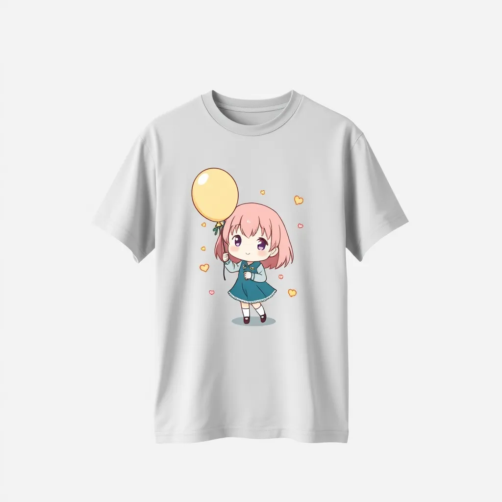 a t-shirt with t-shirt with a cute chibi anime character holding a balloon, with pastel colors and simple background elements, capturing a playful and adorable aesthetic, a t-shirt with short sleeves, static shot, fashion shirt, a shirt set against a solid-colored background, with contrast between background and shirt, on a solid light-gray studio background, realistic shirt concept