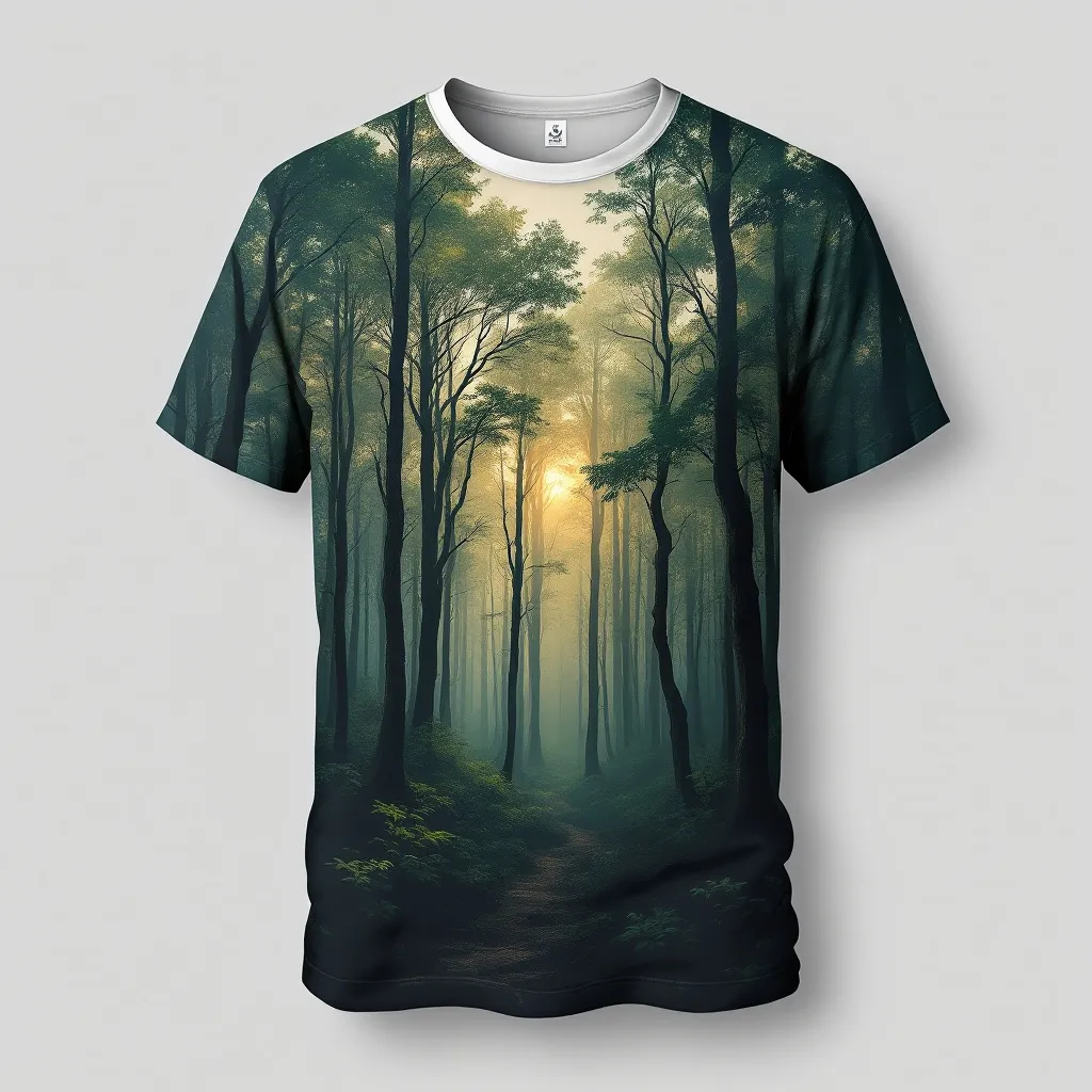 A themed t-shirt with a forest print. Forest:

't-shirt with a dense forest scene at dawn, with warm golden light filtering through the canopy of towering trees, creating a serene and magical atmosphere, a t-shirt with short sleeves, static shot, fashion shirt, a shirt set against a solid-colored background, with contrast between background and shirt, on a solid light-gray studio background, realistic shirt concept