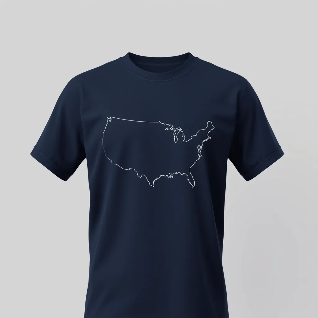 a t-shirt with t-shirt with a minimalist USA map outline in white, centered on a solid navy blue shirt for a sleek, modern design, a t-shirt with short sleeves, static shot, fashion shirt, a shirt set against a solid-colored background, with contrast between background and shirt, on a solid light-gray studio background, realistic shirt concept