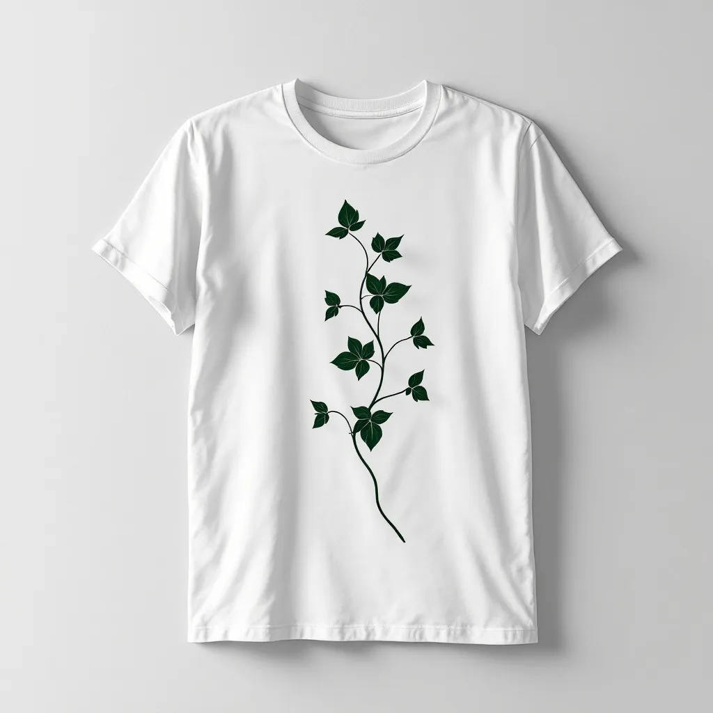 A themed t-shirt with a plant print. t-shirt with a minimalist design featuring a single, elegant vine spiraling up with leaves unfurling in dark green, set against a plain white shirt for a clean and modern aesthetic, a t-shirt with short sleeves, static shot, fashion shirt, a shirt set against a solid-colored background, with contrast between background and shirt, on a solid light-gray studio background, realistic shirt concept