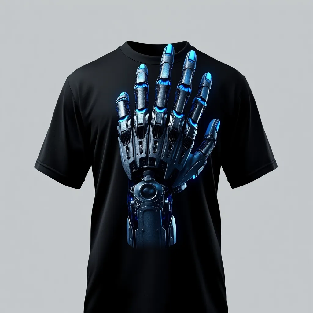 a t-shirt with t-shirt with a detailed robotic hand design, with metallic textures and neon blue highlights, set against a black shirt for a sharp, futuristic aesthetic, a t-shirt with short sleeves, static shot, fashion shirt, a shirt set against a solid-colored background, with contrast between background and shirt, on a solid light-gray studio background, realistic shirt concept