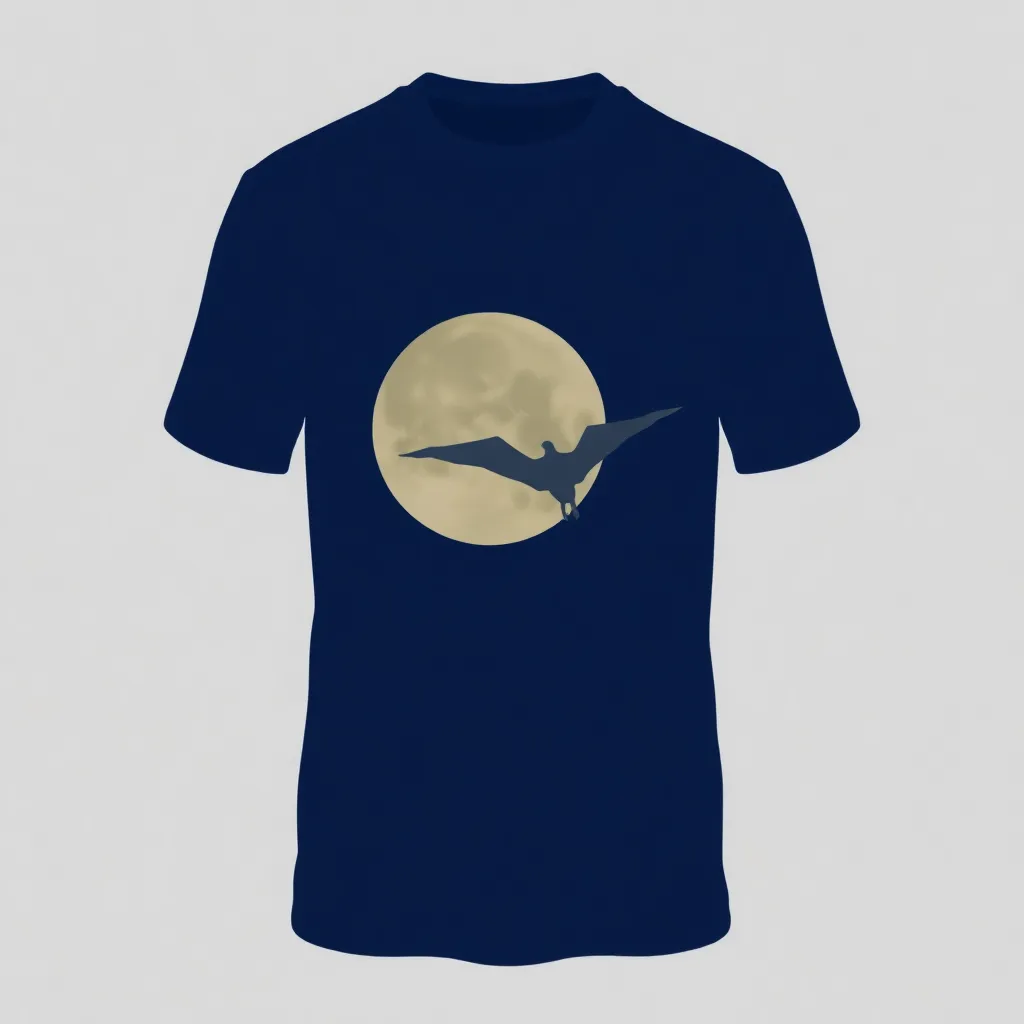 A themed t-shirt with a jurassic park print. t-shirt with a silhouette of a flying pterodactyl against a glowing crescent moon, depicted in soft gray tones on a navy blue background for a dramatic nighttime aesthetic, a t-shirt with short sleeves, static shot, fashion shirt, a shirt set against a solid-colored background, with contrast between background and shirt, on a solid light-gray studio background, realistic shirt concept