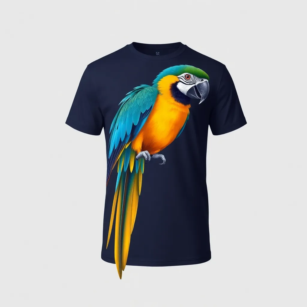 A themed t-shirt with a parrot print. t-shirt with an elegant depiction of a majestic macaw, showcasing its long, colorful tail feathers trailing down the side of the shirt, using a rich color palette of blue and gold, a t-shirt with short sleeves, static shot, fashion shirt, a shirt set against a solid-colored background, with contrast between background and shirt, on a solid light-gray studio background, realistic shirt concept