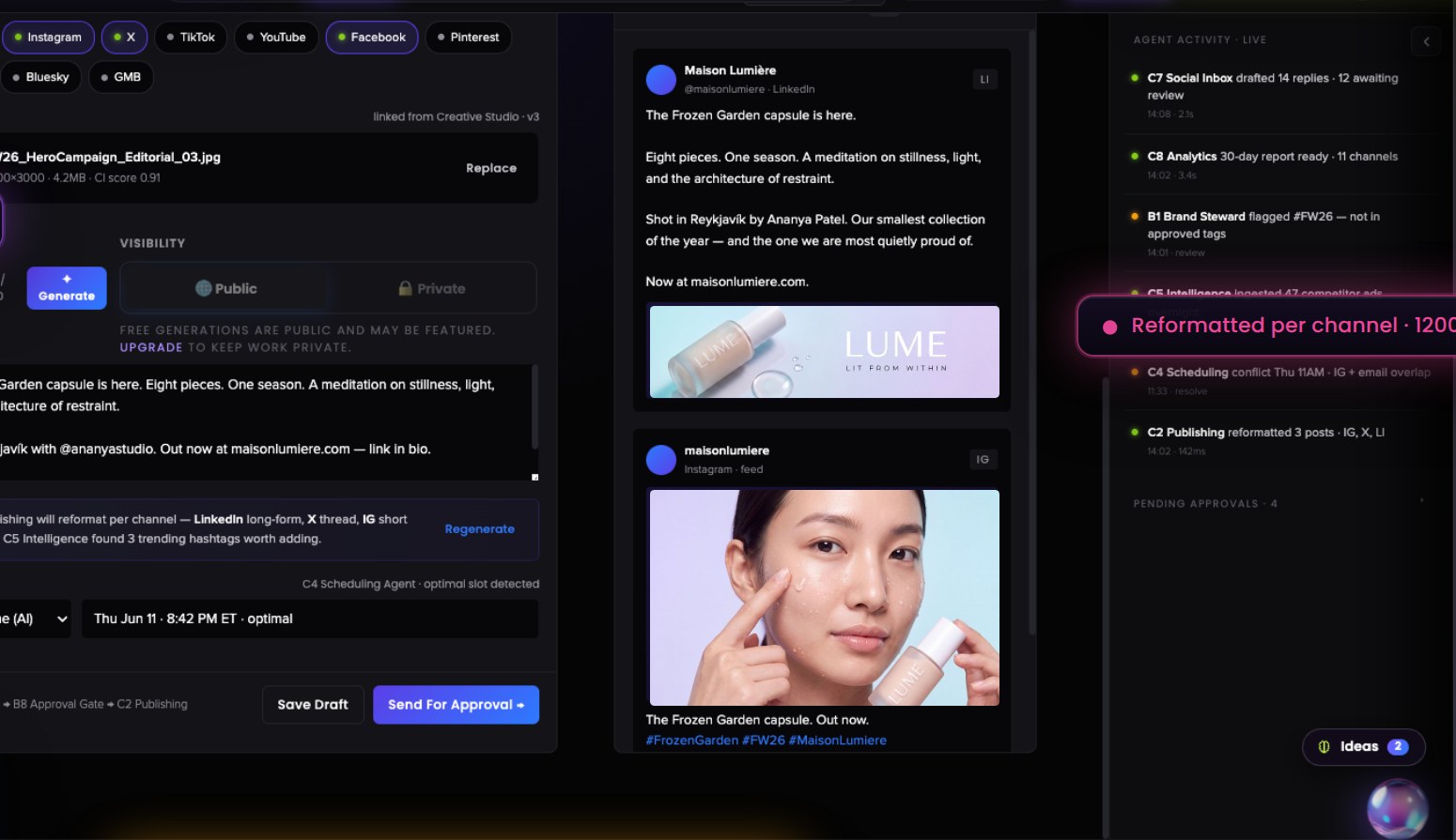 Amp: caption, per-channel reformat, optimal slot and approval gate for one asset