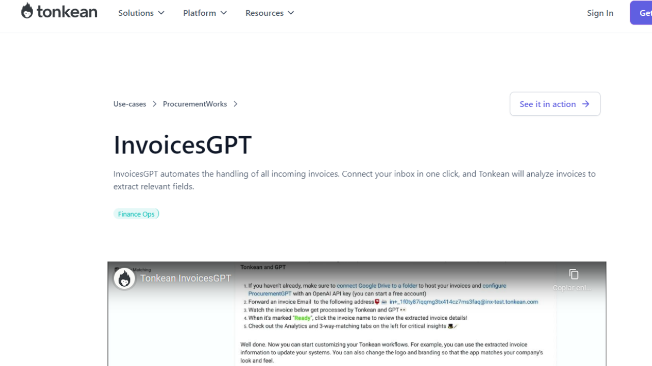 Tonkean InvoicesGPT screenshot
