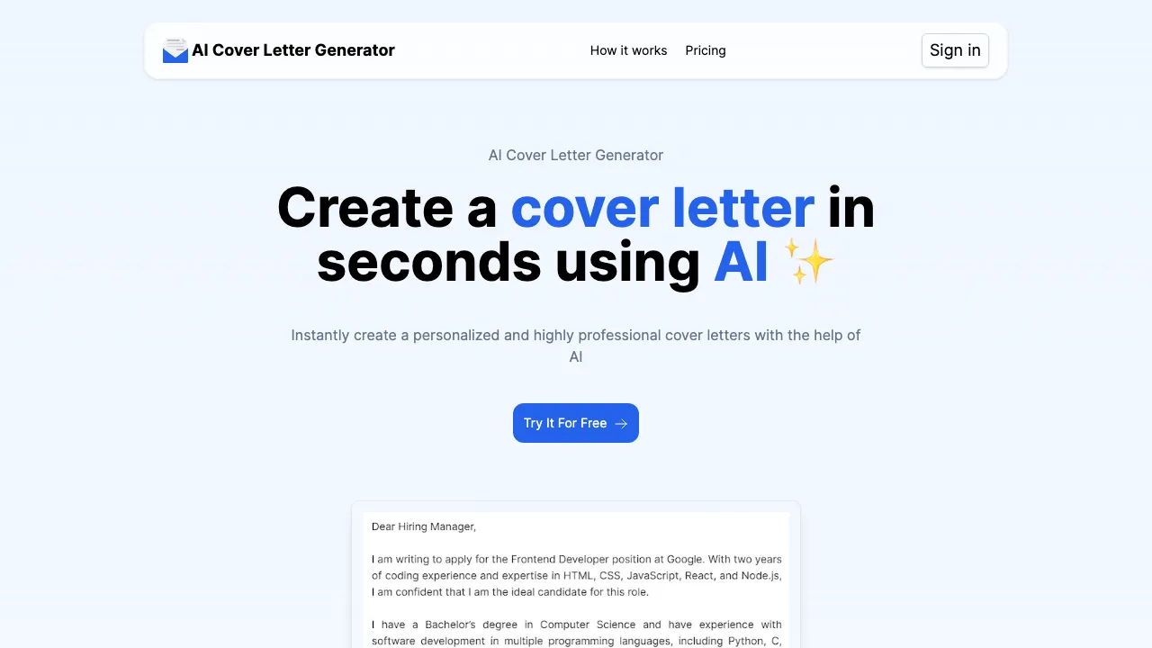 AI Cover Letter Generator screenshot