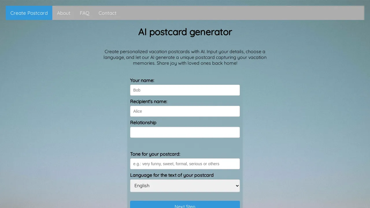 AI postcard generator screenshot