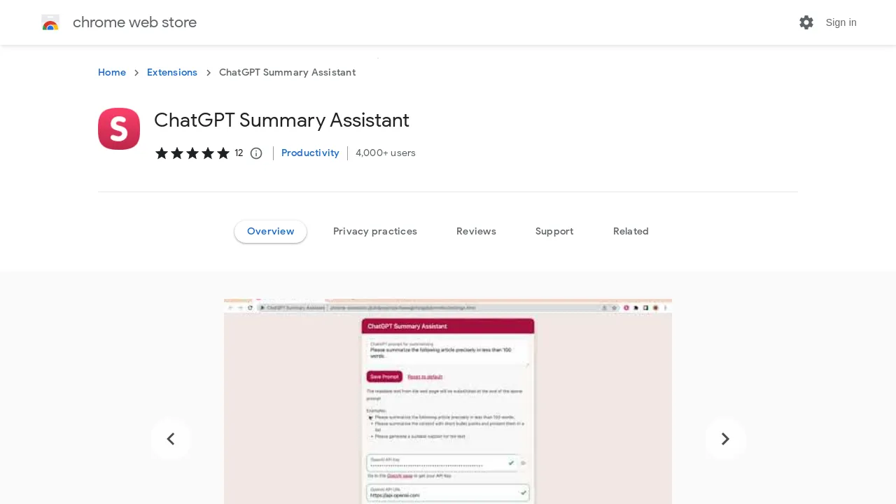 ChatGPT Summary Assistant screenshot