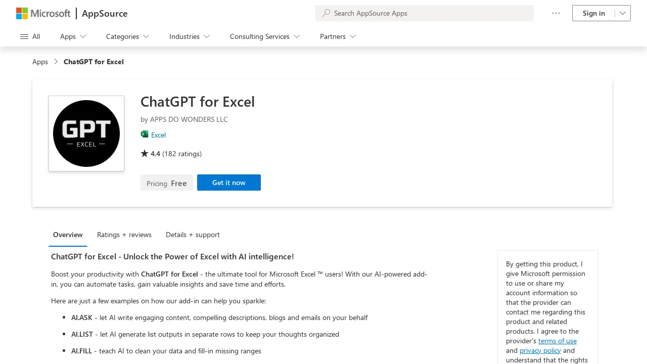 ChatGPT for Excel screenshot