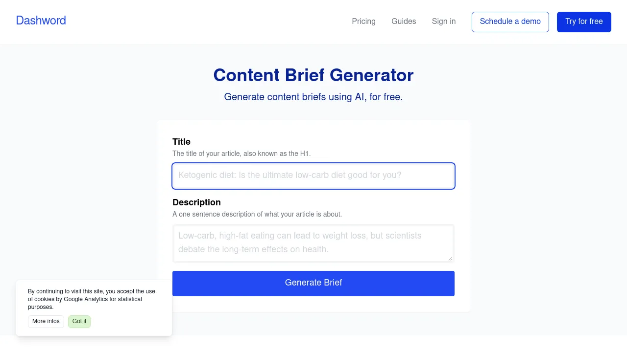 Content brief generator screenshot