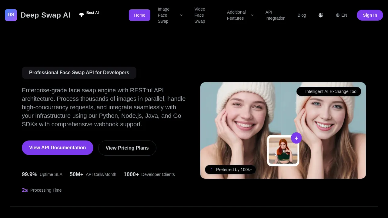 DeepSwapAI is an AI-powered face swap platform offering free online face replacement for photos and videos without watermarks, plus a professional API for developers to integrate face-swapping capabilities.