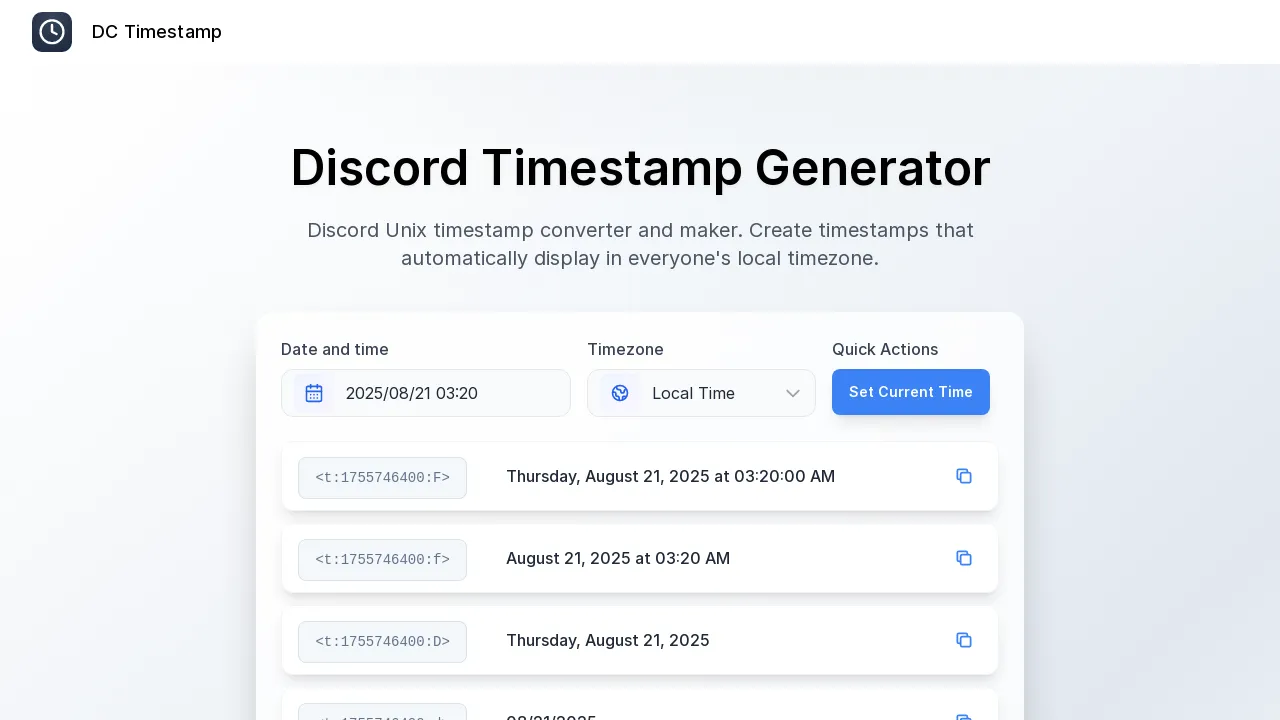 Discord Unix timestamp converter and maker. Create timestamps that automatically display in everyone's local timezone.