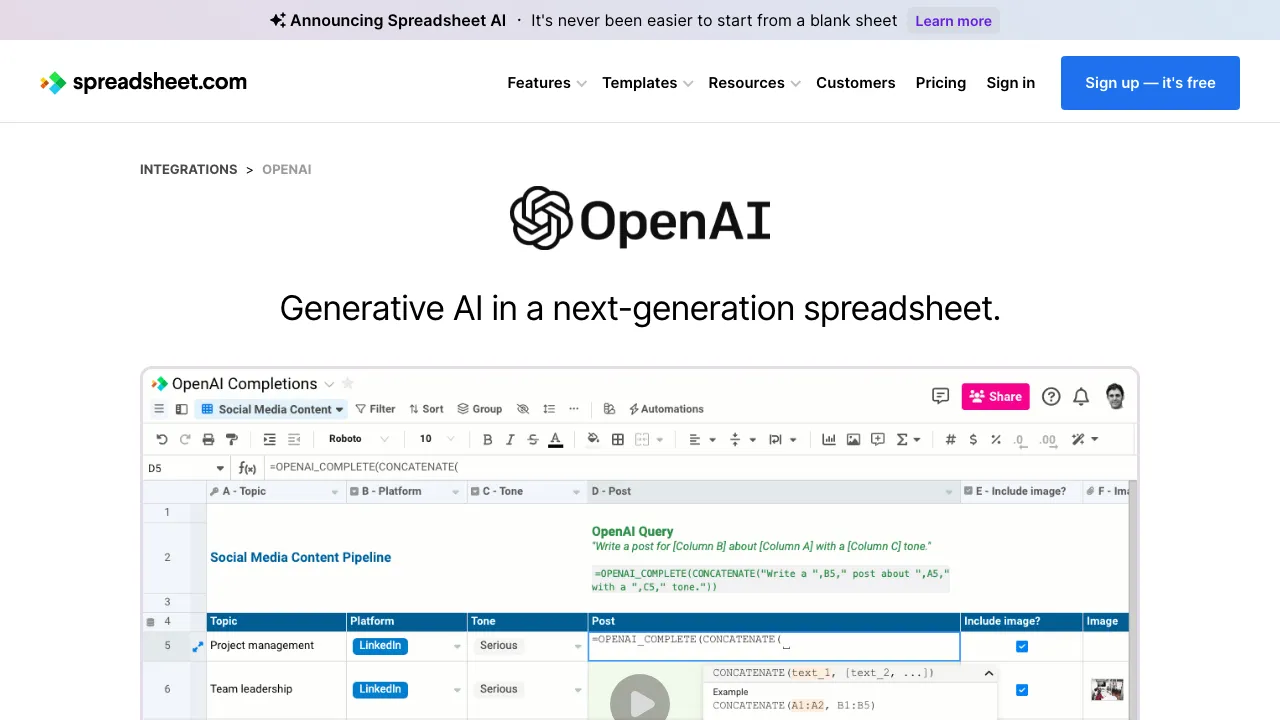 OpenAI in Spreadsheet screenshot
