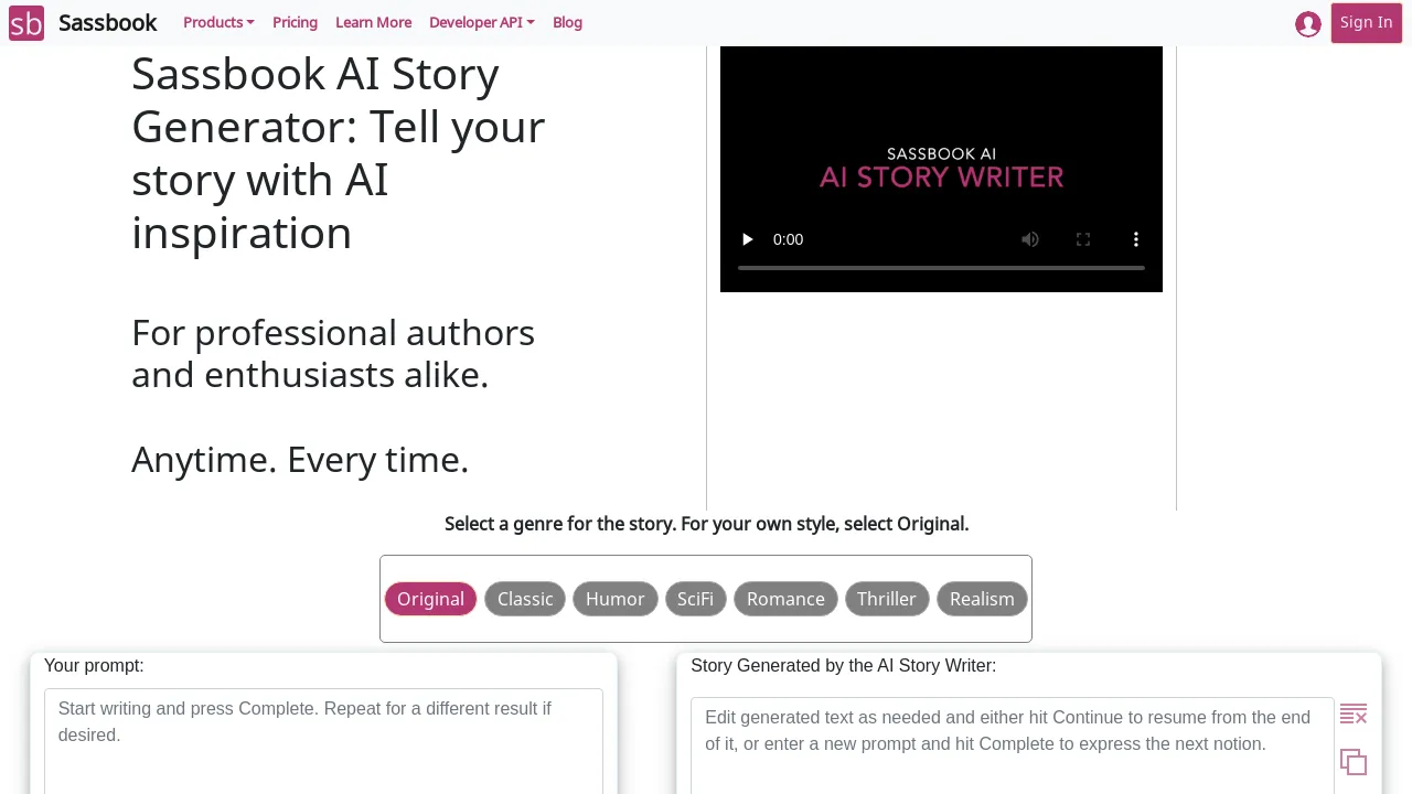 Sassbook AI Story generator screenshot