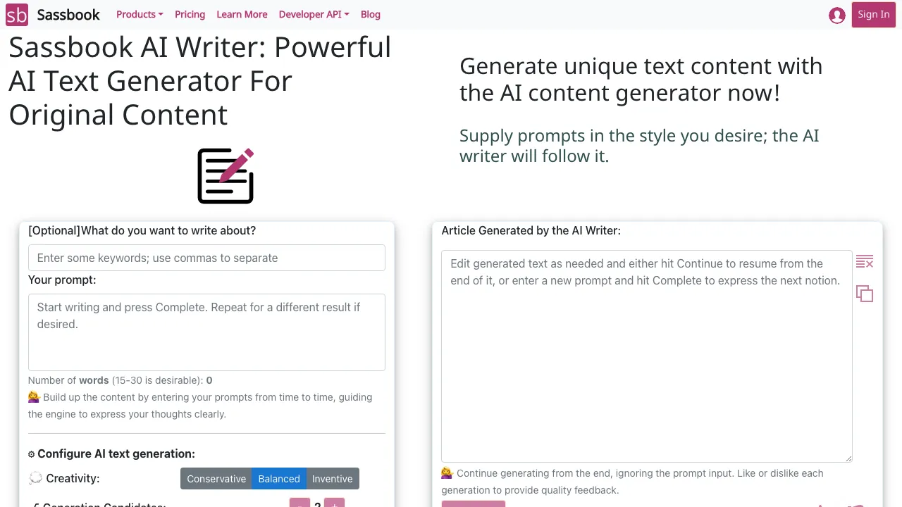 Sassbook AI Writer screenshot