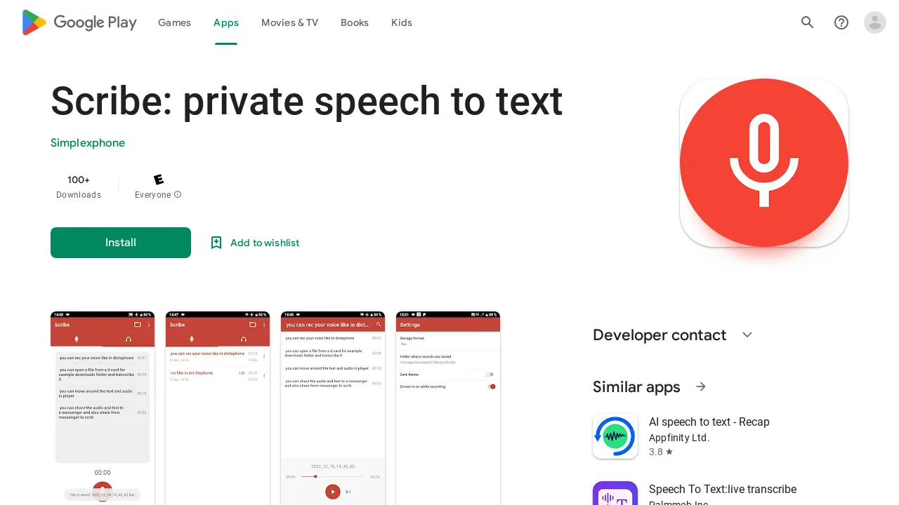 Scribe speech to text screenshot
