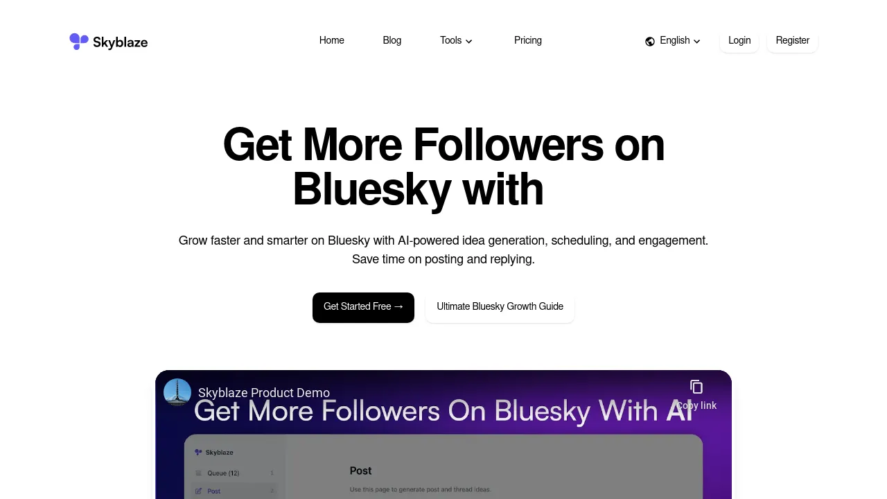Skyblaze: Get more followers on Bluesky with AI-powered content generation, scheduling and engagement.