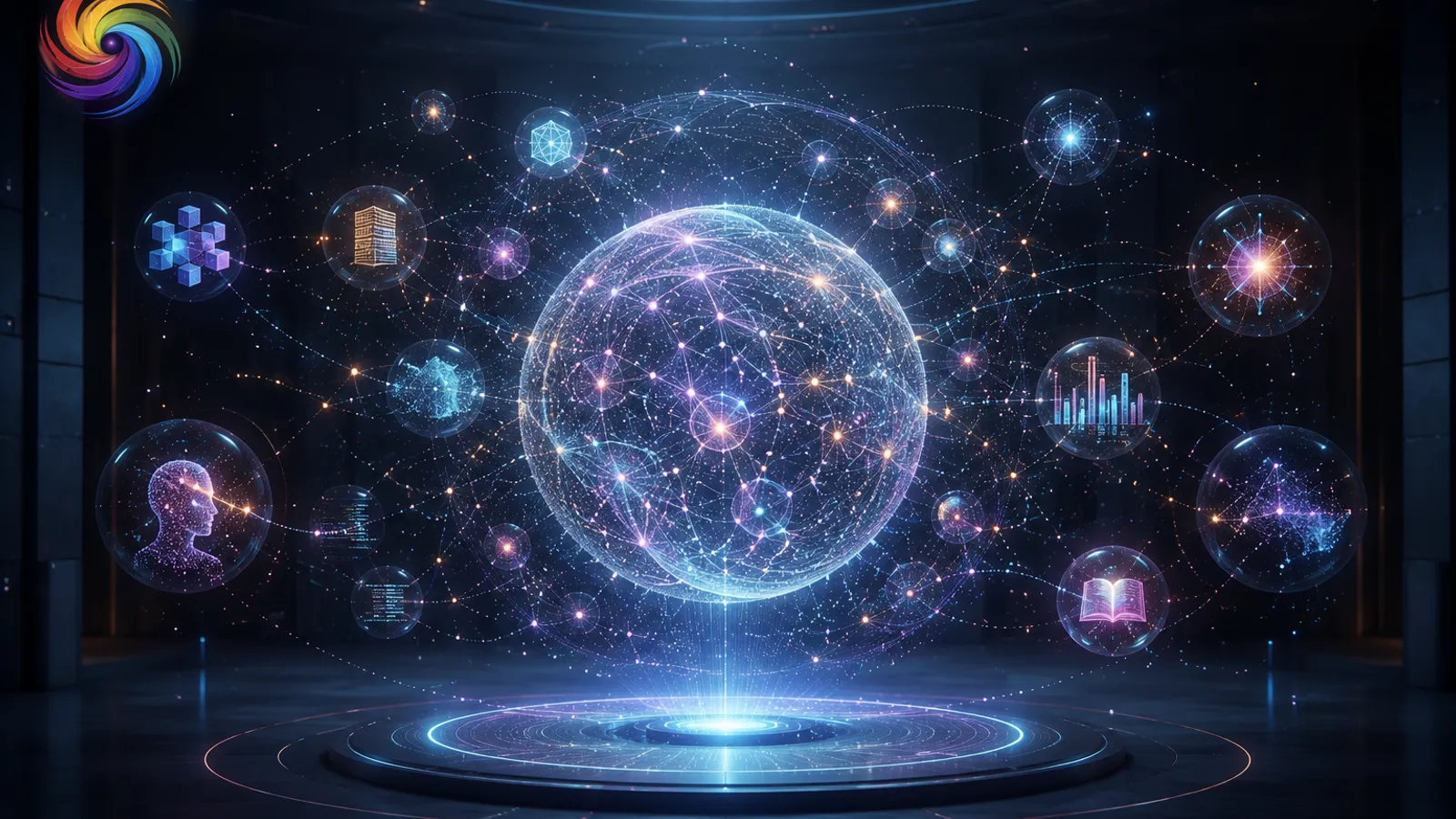 Akashic intelligence network: knowledge spheres orbiting a shared reasoning workspace